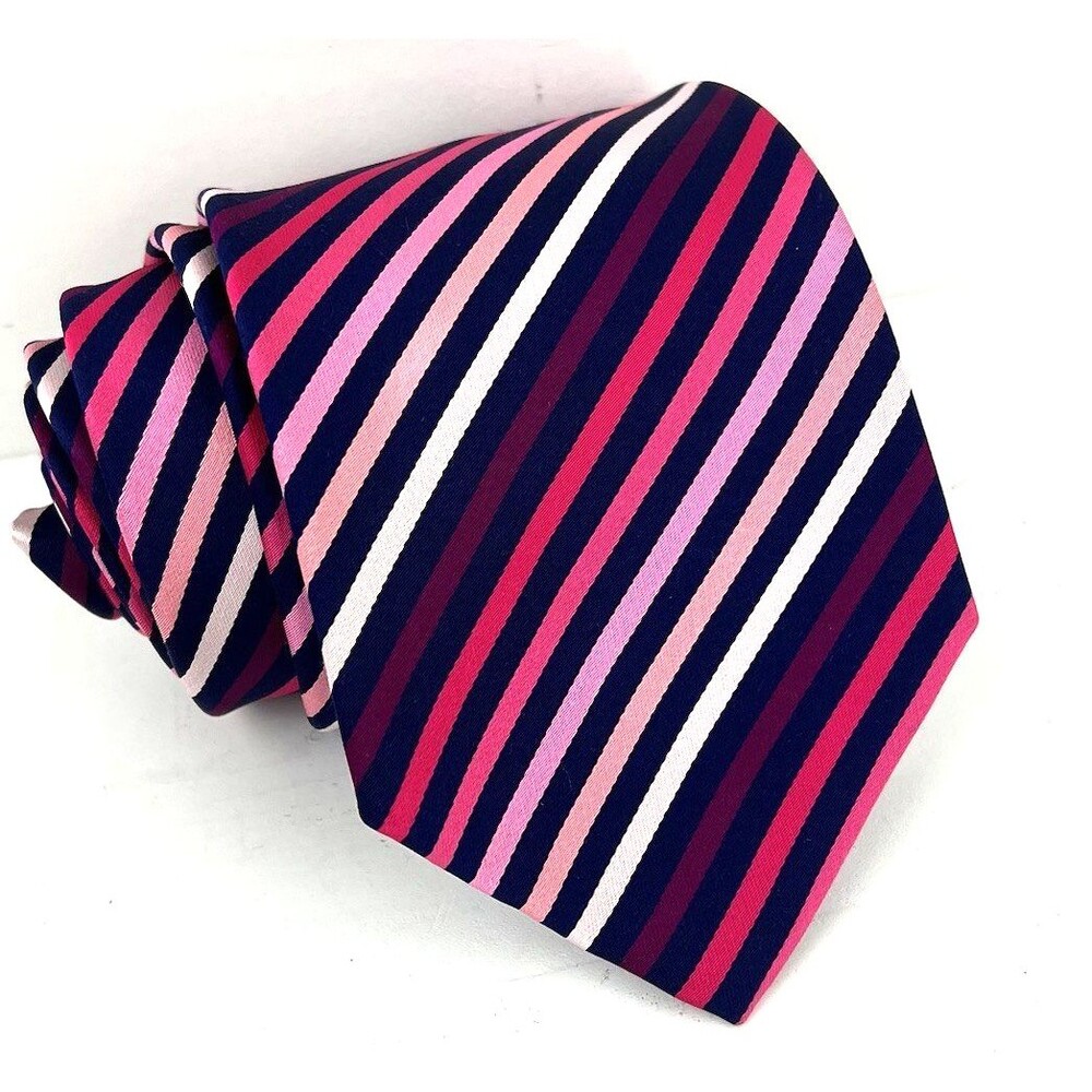 Charles Tyrwhitt Mens Silk Woven Neck Tie Pink Navy Blue Purple Striped Italy
